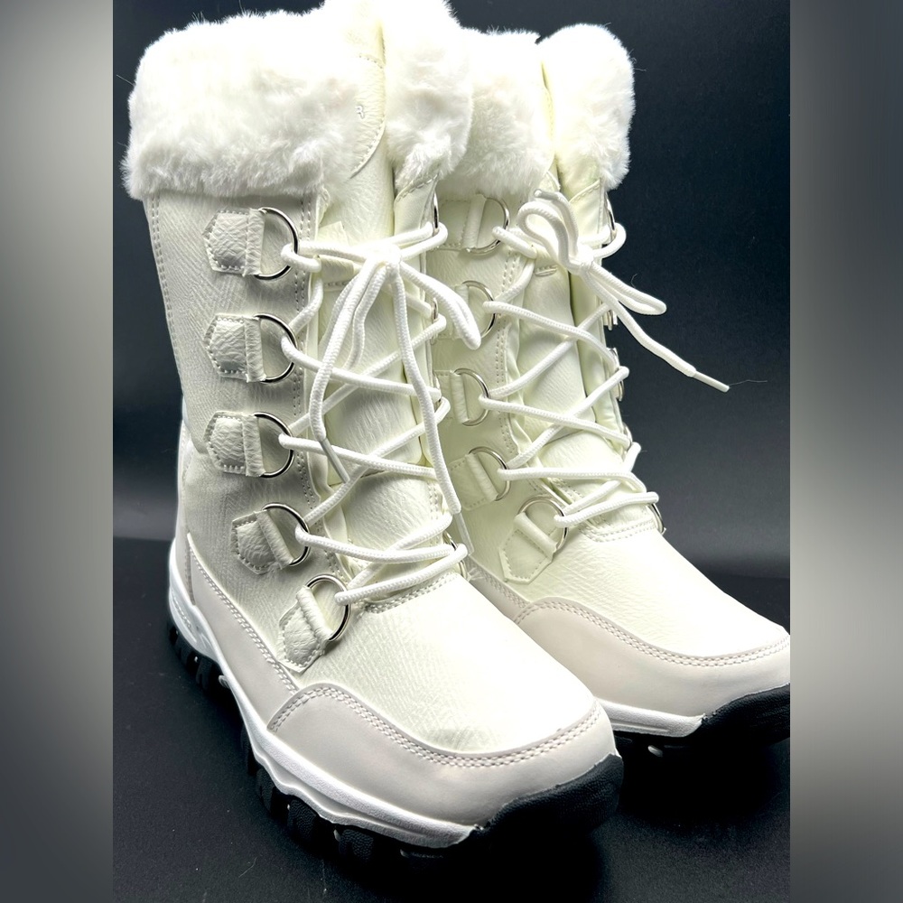 Hobibear Women 39 or Sz 8.5-9 Faux Fur Lined Waterproof Snow Boots White Lace-Up